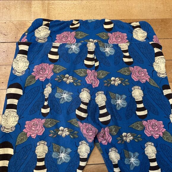 LulaRoe Leggings Women’s One Size Blue Floral & Flies Stretch Ankle - Picture 10 of 12